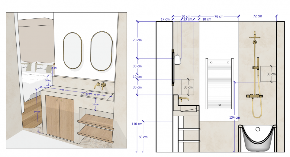 Plan vasque sur bâti suite parentale, intégration plomberie et conception architecte intérieur