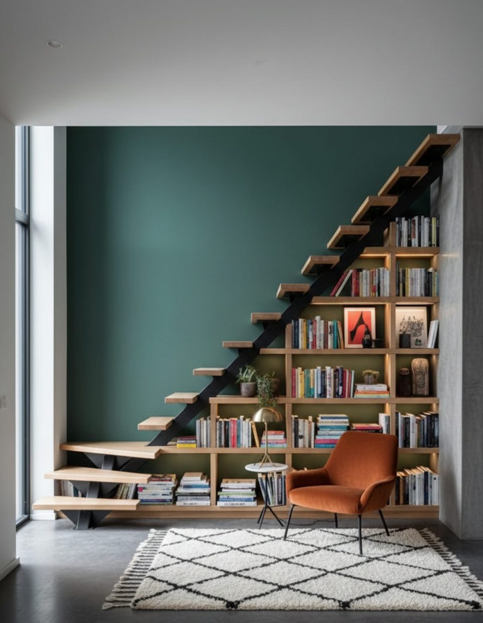 Escalier moderne en bois avec bibliothèque intégrée et fauteuil orange dans un coin lecture lumineux, exemple de décoration intérieure avec touches colorées.