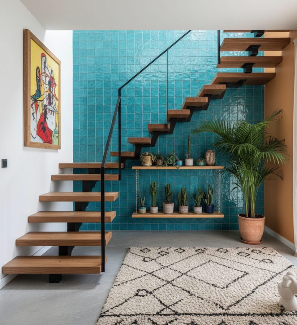 Escalier flottant bois design wall turquoise modern home