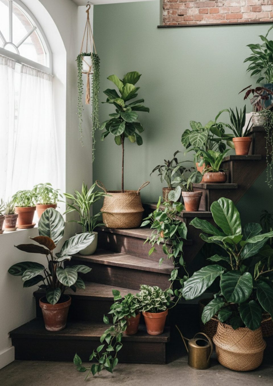Escalier intérieur avec plantes vertes en cache-pots naturels, lumière naturelle décoration végétale