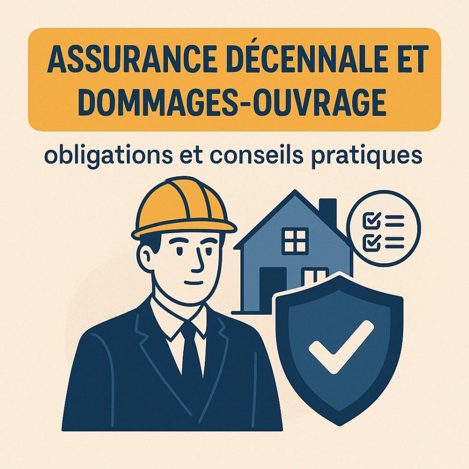 Illustration sur l’obligation pour le maître d’ouvrage de souscrire une assurance dommages-ouvrage, avec une maison, un contrat et des pictogrammes de protection.