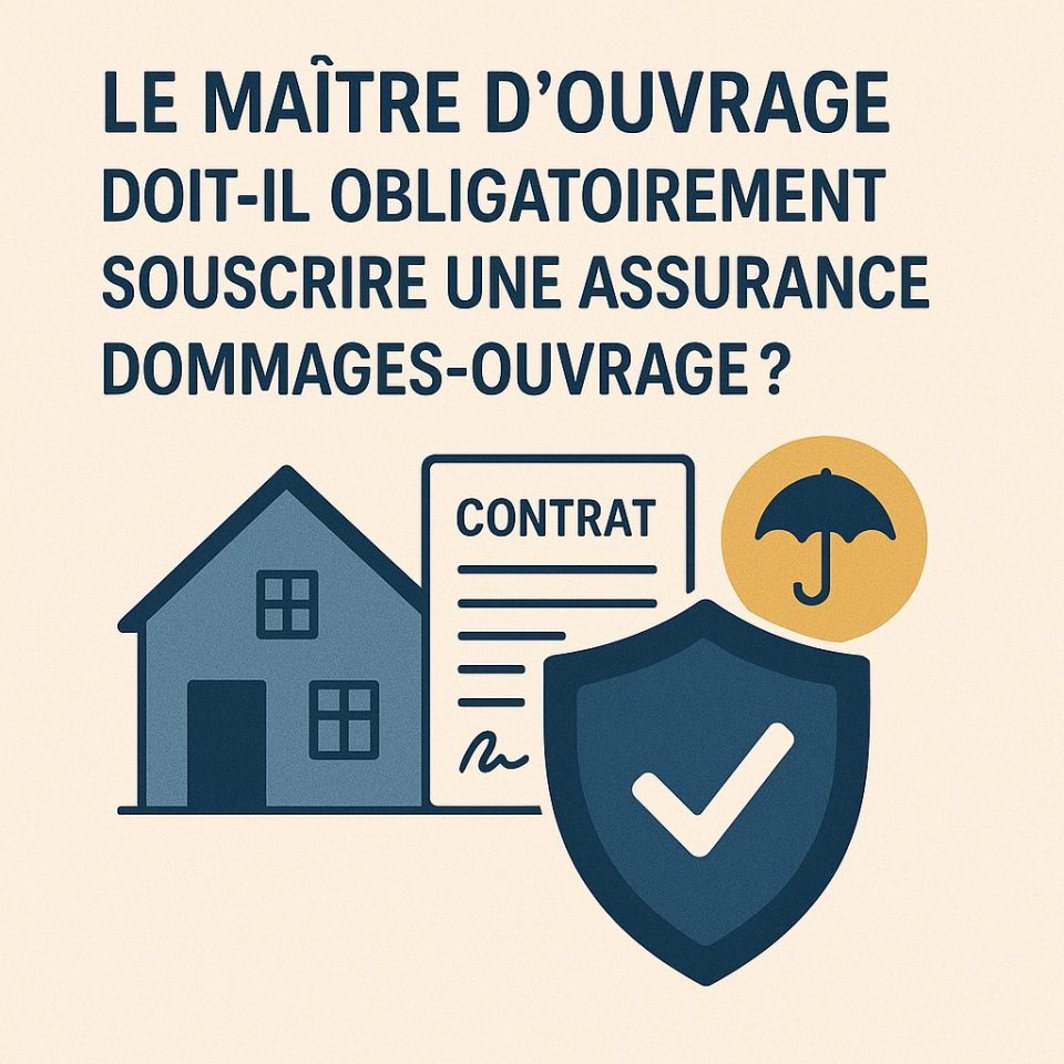 Illustration représentant la question de l’obligation pour le maître d’ouvrage de souscrire une assurance dommages-ouvrage, avec une maison, un contrat et des pictogrammes de protection.