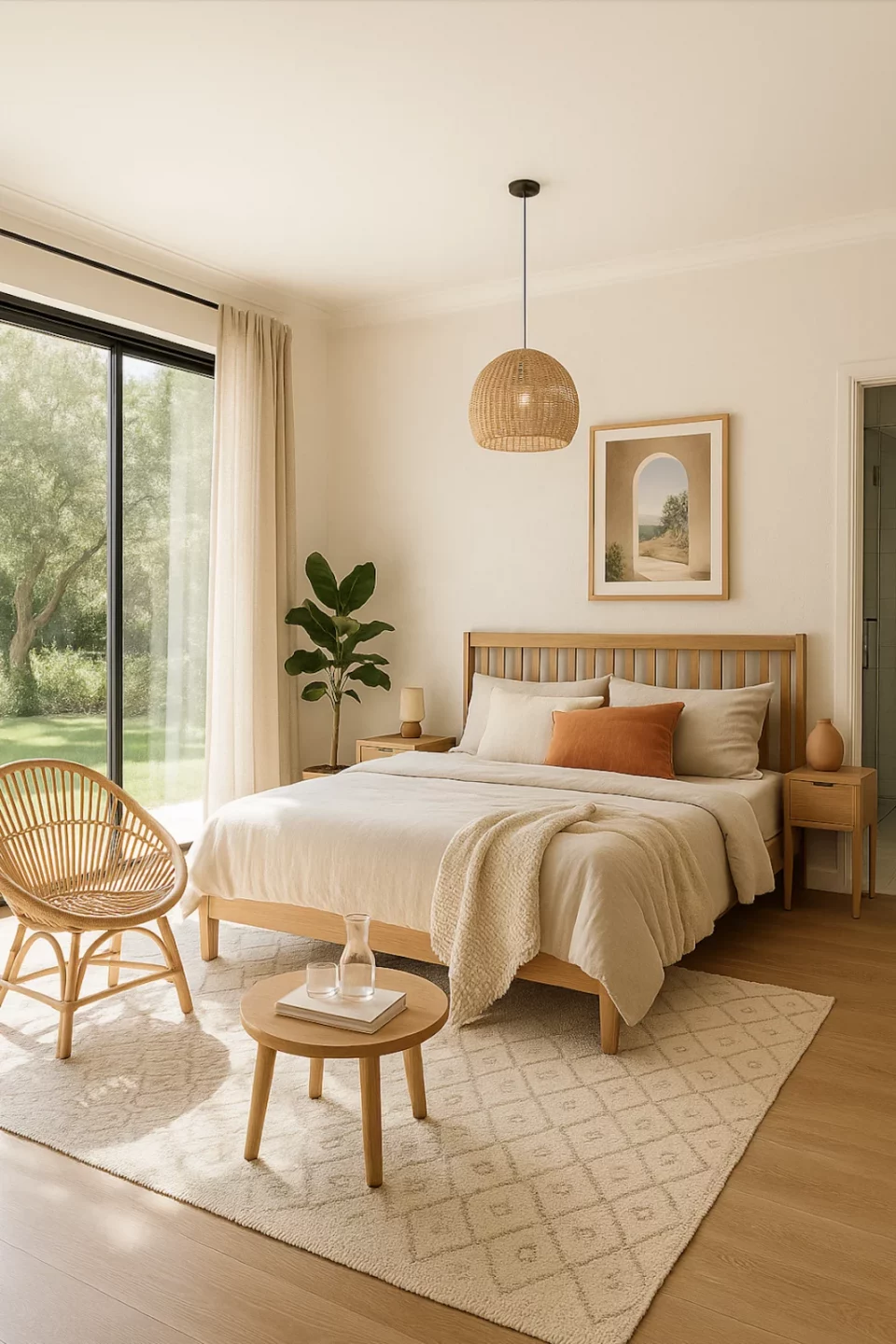 Dormitorio luminoso de estilo escandinavo con madera y detalles de ratán