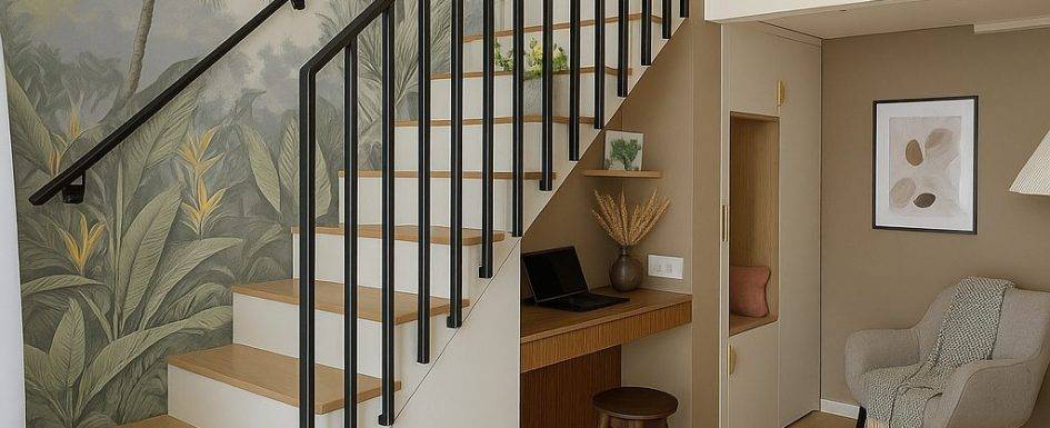 escalier bois bureau integre mezzanine design
