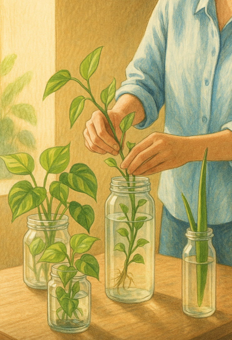 Indoor plant cuttings in glass jars for easy propagation – step-by-step method