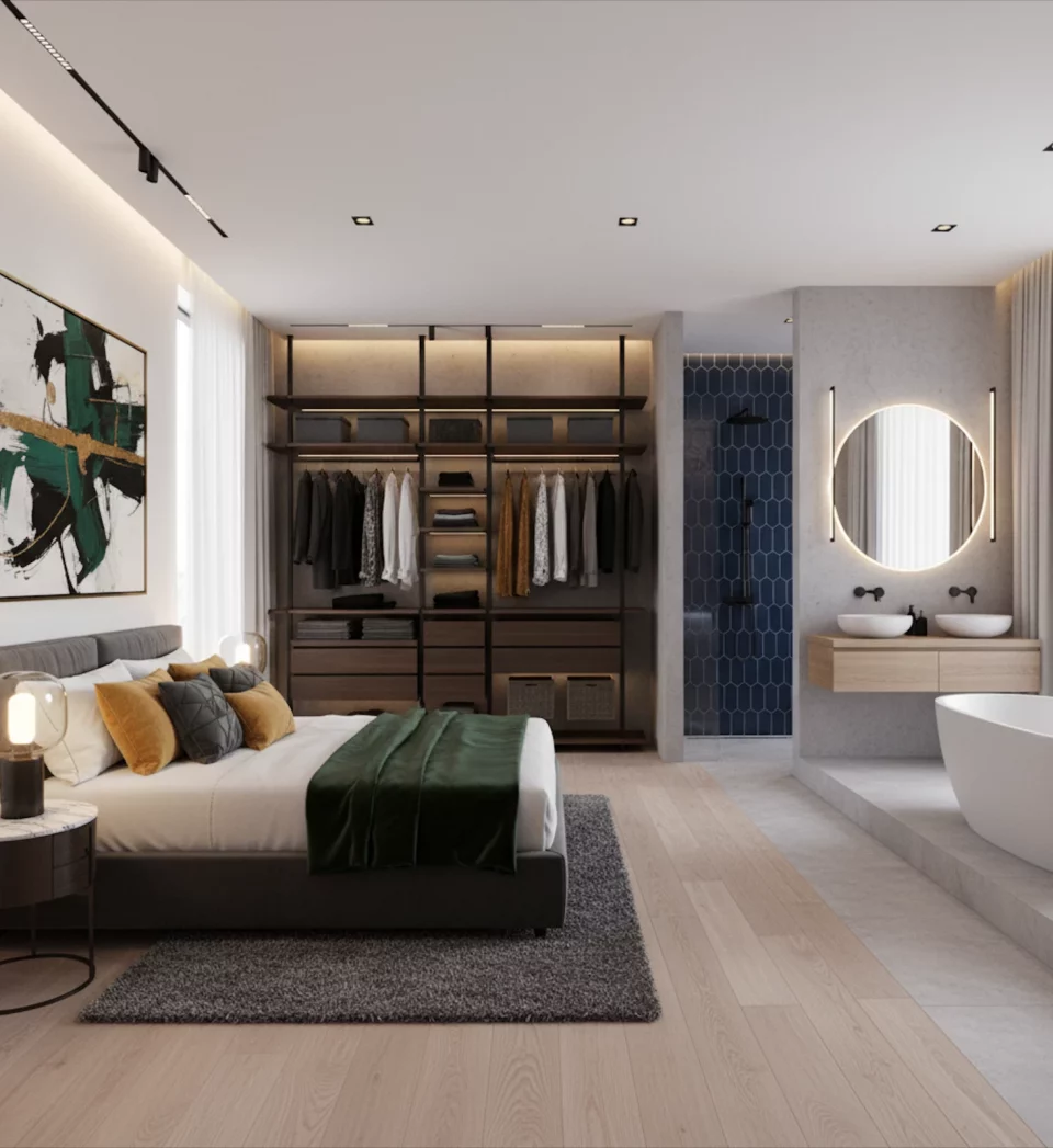 Modern primary suite with bedroom, bathroom, and closet
