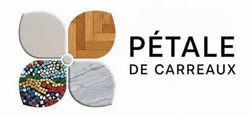 Logotipo de Pétalo de Azulejos con pétalos de cerámica, madera, mosaico y mármol, simbolizando materiales decorativos.