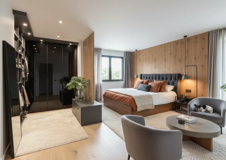 Suite principal amplia con paneles de madera y detalles en terracota