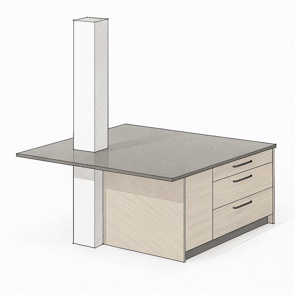 croquis d'aménagement de cuisine avec ilot autour d’un poteau porteur