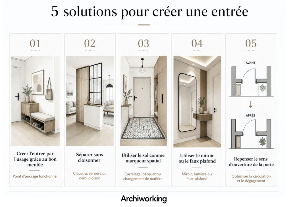 Schéma aménagement entrée appartement : solutions meuble, claustra et marqueur de sol