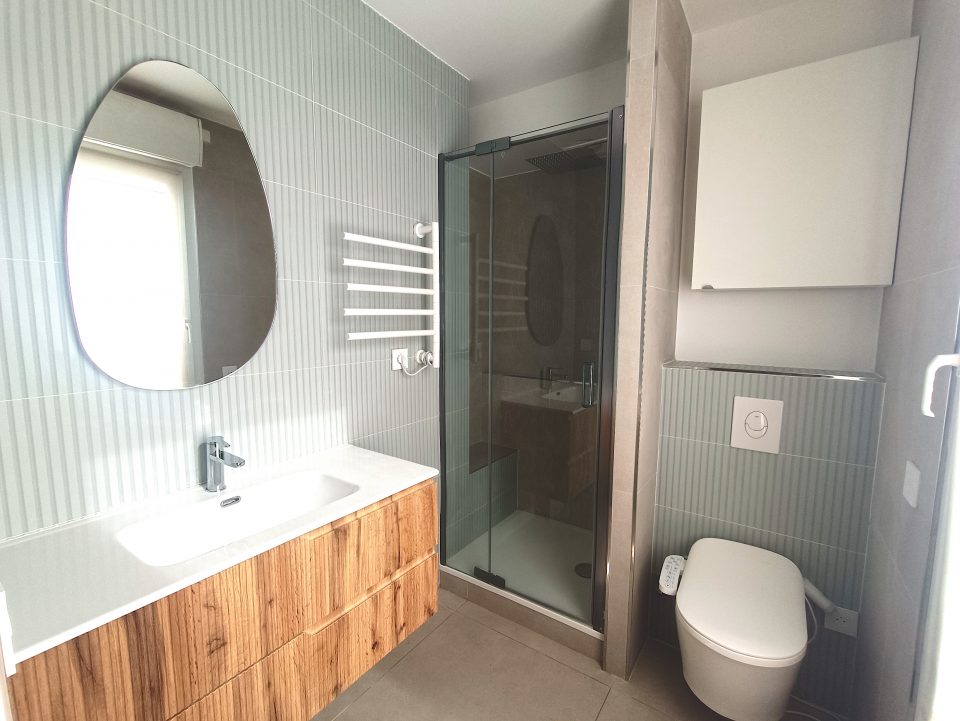 salle de bain petite surface après travaux WC suspendu douche italienne meuble vasque bois