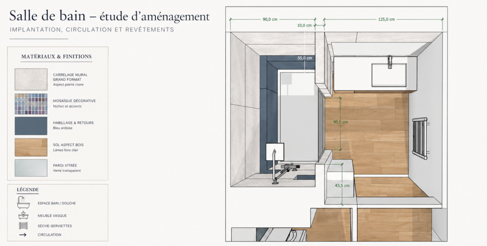 Étude d'aménagement de salle de bain avec plan coté, bac douche 160x80, meuble vasque décentré, sol aspect bois et revêtements en mosaïque