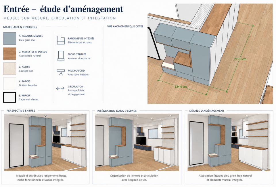 Étude d'aménagement d'entrée avec meuble sur mesure, rangements intégrés, niche, assise et circulation vers le séjour