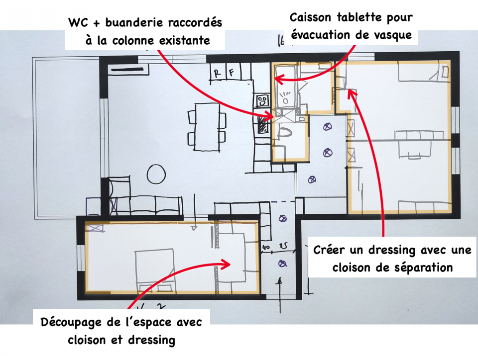 Plan d'aménagement d'appartement avec création de dressing, WC et buanderie