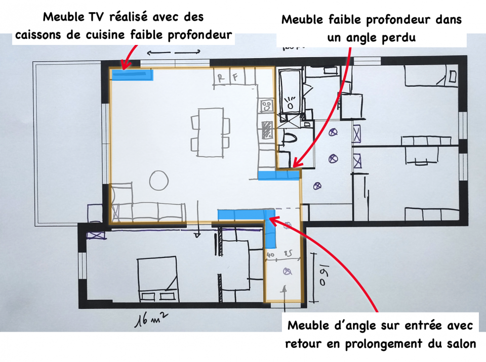 Plan d'aménagement d'un appartement avec cloison de séparation, dressing, WC et buanderie raccordés