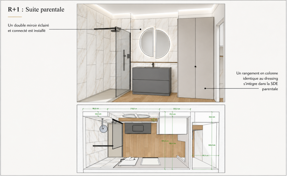 Esquisse d'implantation suite parentale 1 : salle d'eau bac 180x80, vasque 1,20 m et dressing 2x2 m - maison 145 m²