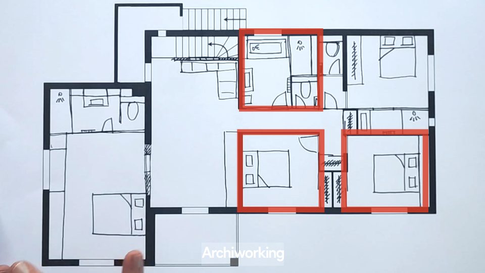 Comment créer 4 chambres et 2 suites parentales : salle de bain commune et chambres 3 et 4, plan distribution