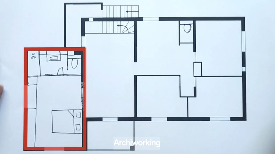 Comment créer 4 chambres et 2 suites parentales : suite parentale 1, plan salle d'eau dressing porte galandage