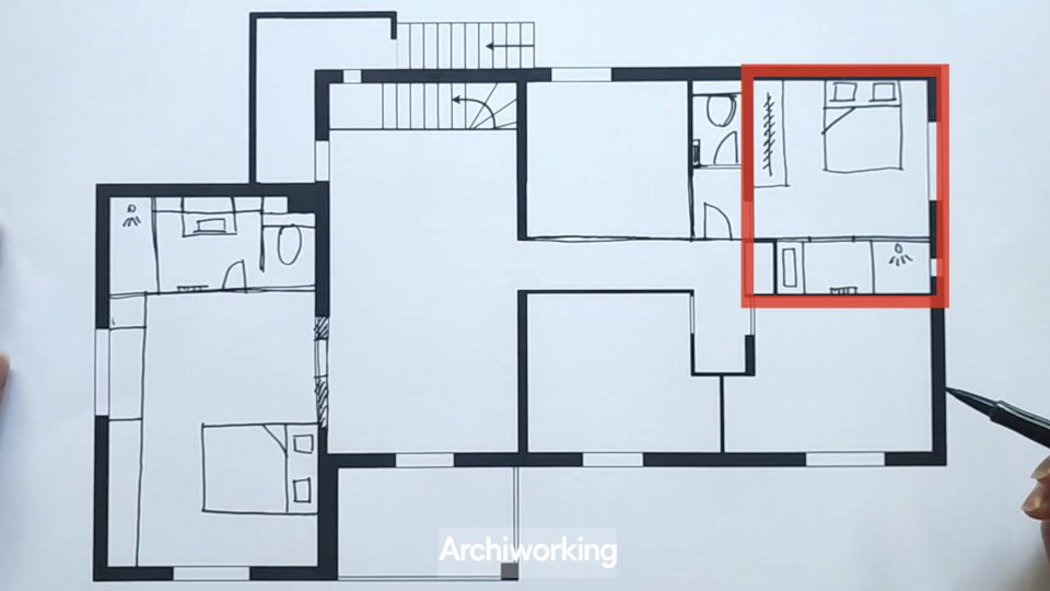 Comment créer 4 chambres et 2 suites parentales : suite parentale 2, plan chambre salle d'eau dressing