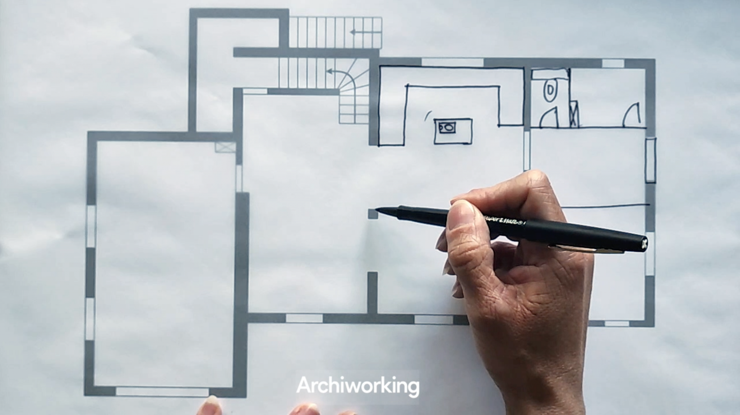 Dessin sur plan du poteau porteur intégré, étude de cas réunion de deux logements 145m²
