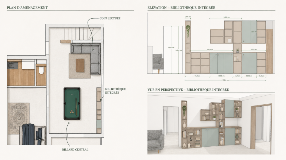 Espace commun étage maison 145 m² : billard, bibliothèque et coin lecture dans le volume véranda