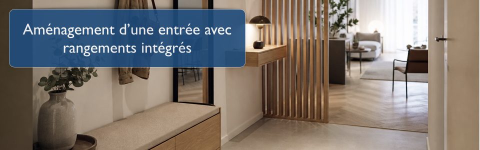 Aménagement d'une entrée avec rangements intégrés : meuble sur mesure, banquette et dressing - Pétale de Carreaux