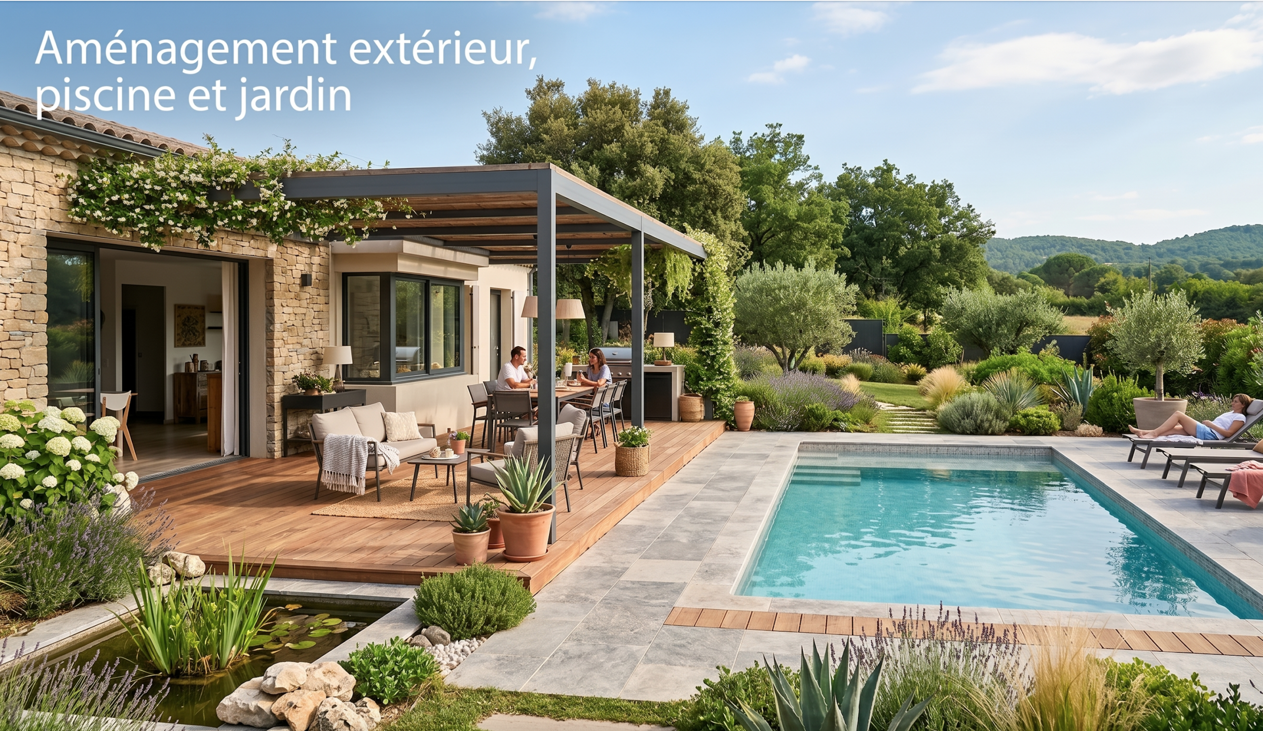 Aménagement extérieur : piscine, terrasse et jardin par architecte paysagiste DPLG - Pétale de Carreaux