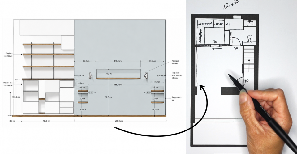 Plan et élévation de la suite parentale 16 m² avec tête de lit sur doublage, niches et bibliothèque sur arches