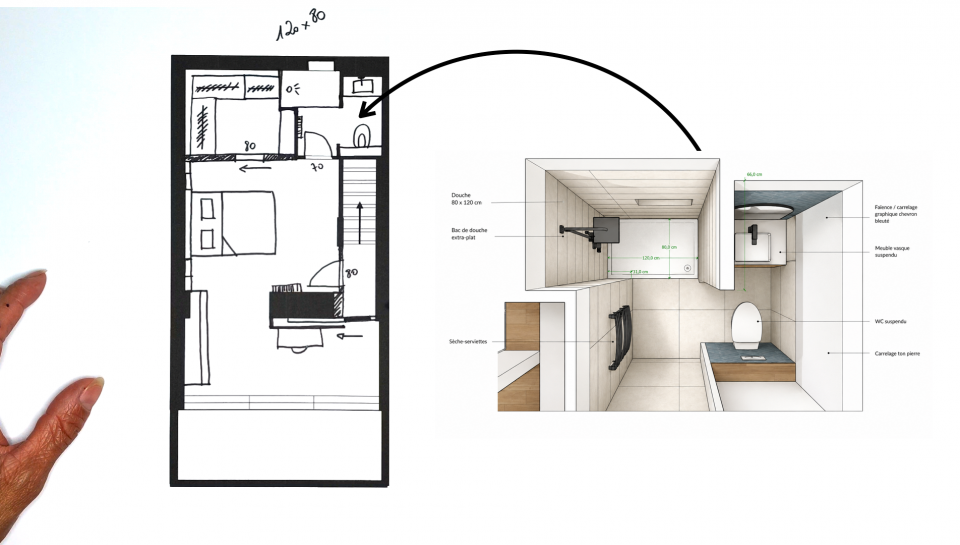 Plan 3D de la salle d'eau 3 m² avec douche 120x80, vasque 80 cm et WC suspendu dans la suite parentale