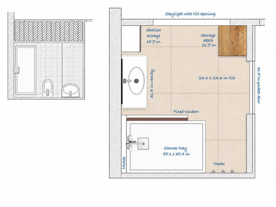 Technical floor plan of the 65 sq ft bathroom with shower, vanity, and storage dimensions in inches