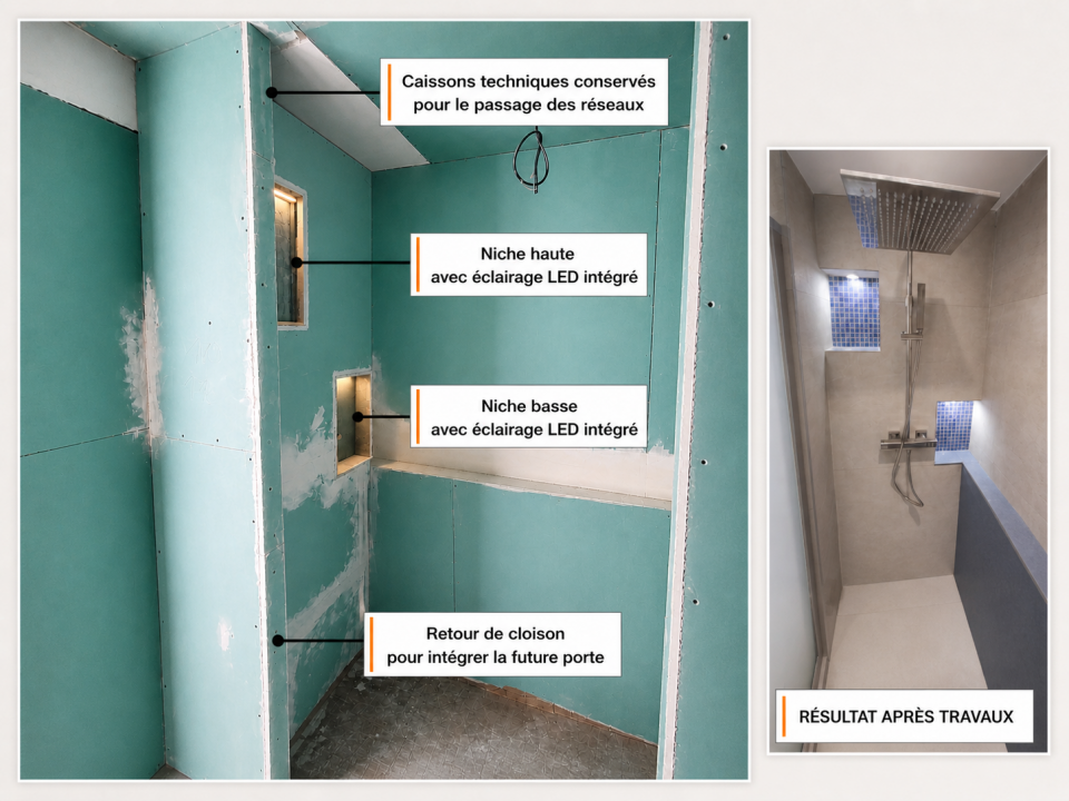 Avant après rénovation salle de bain : transformation baignoire en grande douche avec niches et tablette technique