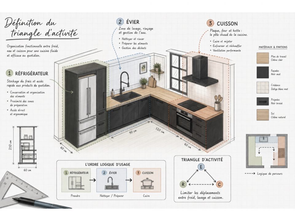 Triangle d'activité cuisine : schéma des trois pôles réfrigérateur, évier et cuisson