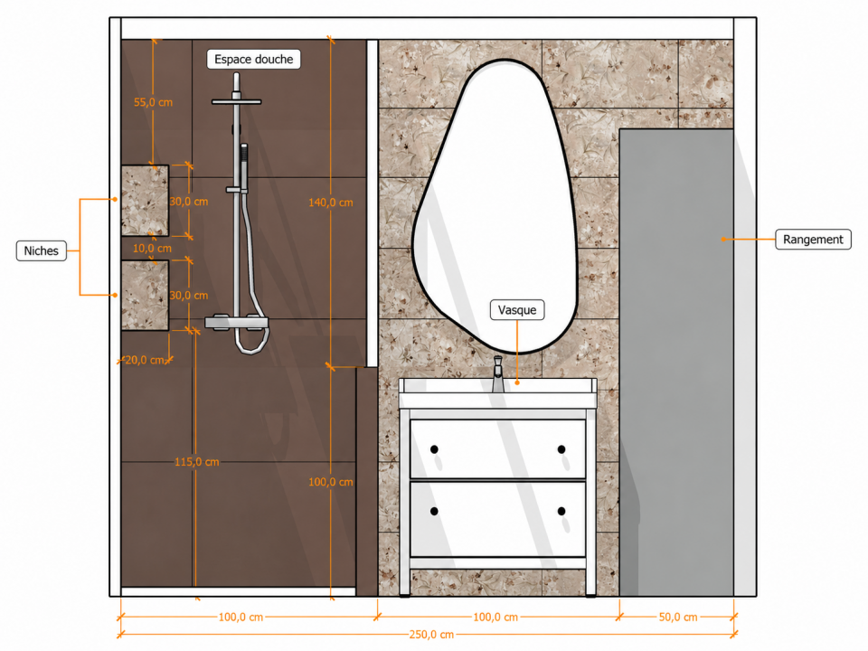 elevation salle de bain douche niches vasque rangement