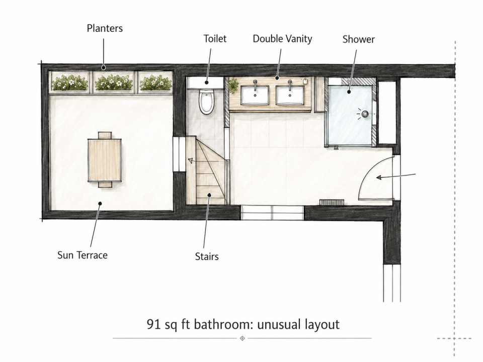 Floor plan of the 91 sq ft mezzanine bathroom before renovation, showing original bathtub, bidet, and rooftop terrace
