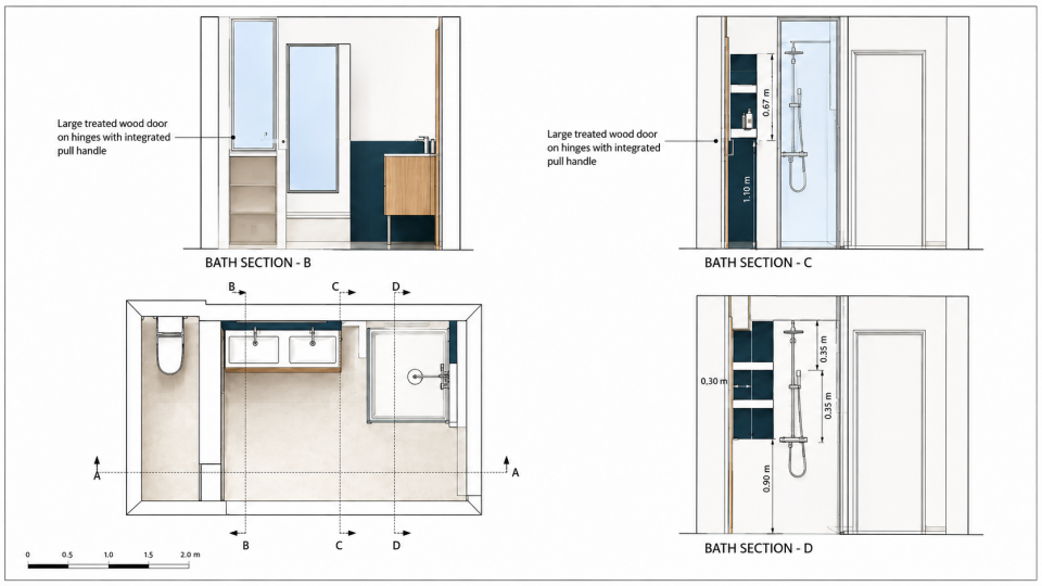 Technical sections and elevations of the redesigned bathroom: pocket door toilet, 39x39 in shower, 55 in double vanity