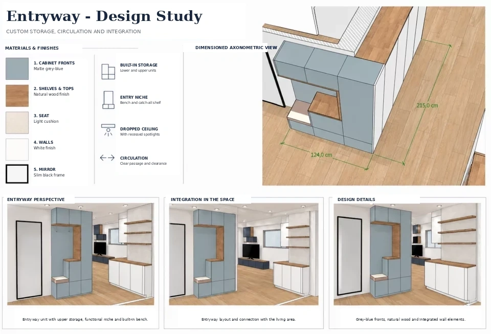 Entryway design study: custom storage unit layout with bench seat, cabinet depth and hallway circulation dimensions