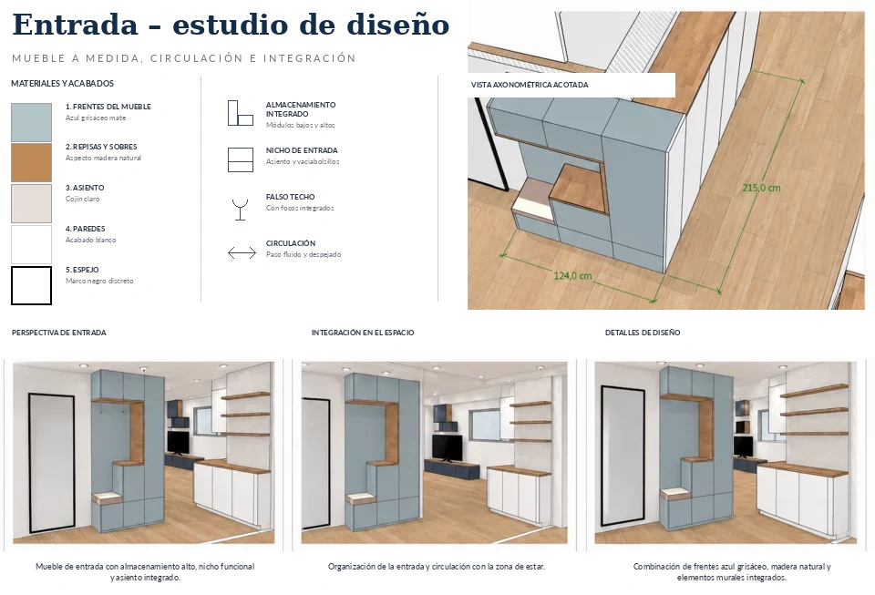 Estudio de distribución del recibidor : mueble a medida con banco, profundidad de módulos y ancho de paso en pasillo