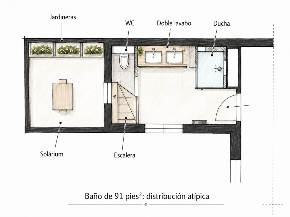 Plano del estado inicial del baño de 8,5 m² en altillo antes de la reforma, con bañera, bidé y terraza solarium