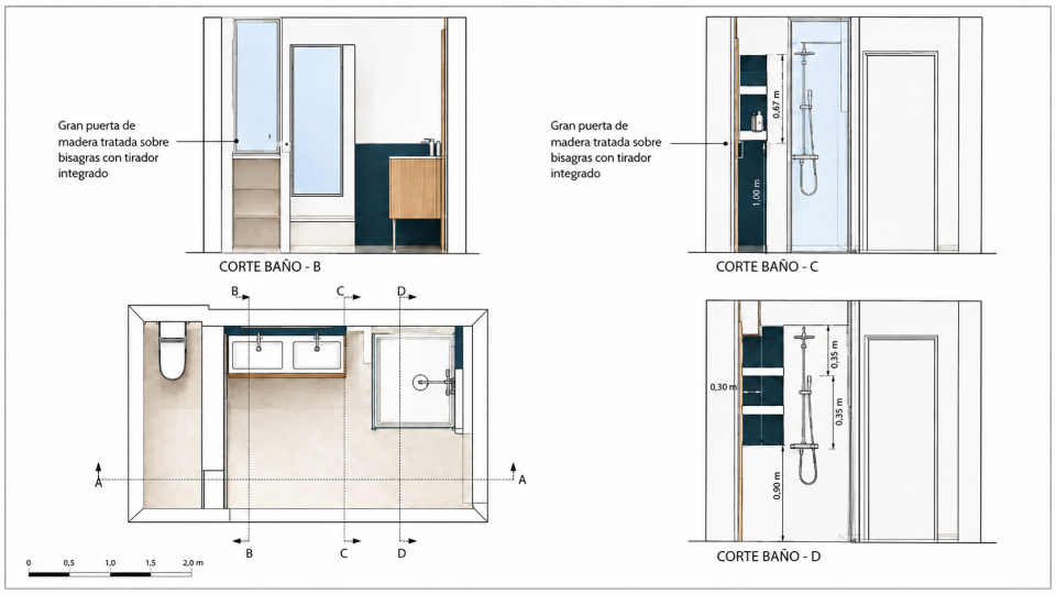Cortes técnicos y alzados de la reforma del baño: wc con puerta corredera, ducha 100x100 y doble lavabo de 140 cm