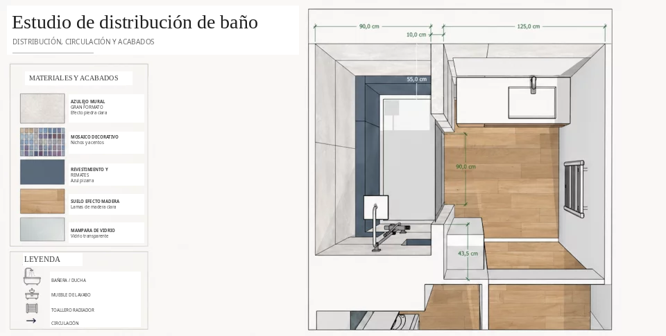 estudio distribucion bano plano materiales acabados es