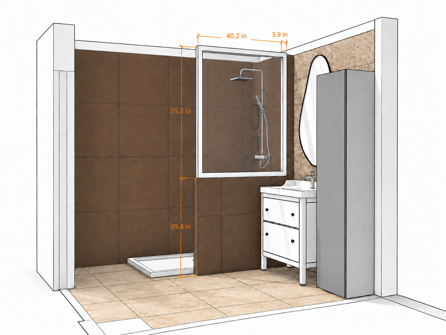 Modern bathroom 3D perspective with shower, double vanity and storage in US inches for the 732 sq ft apartment renovation