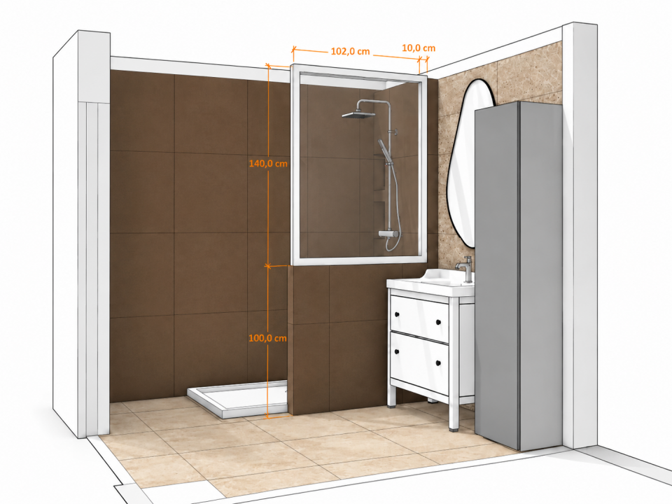 Perspectiva 3D del baño reformado con ducha, lavabo y almacenamiento integrado