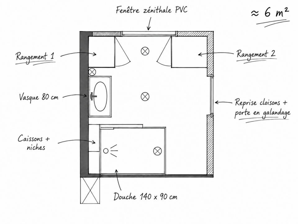 plan croquis salle de bain 6m2 annote
