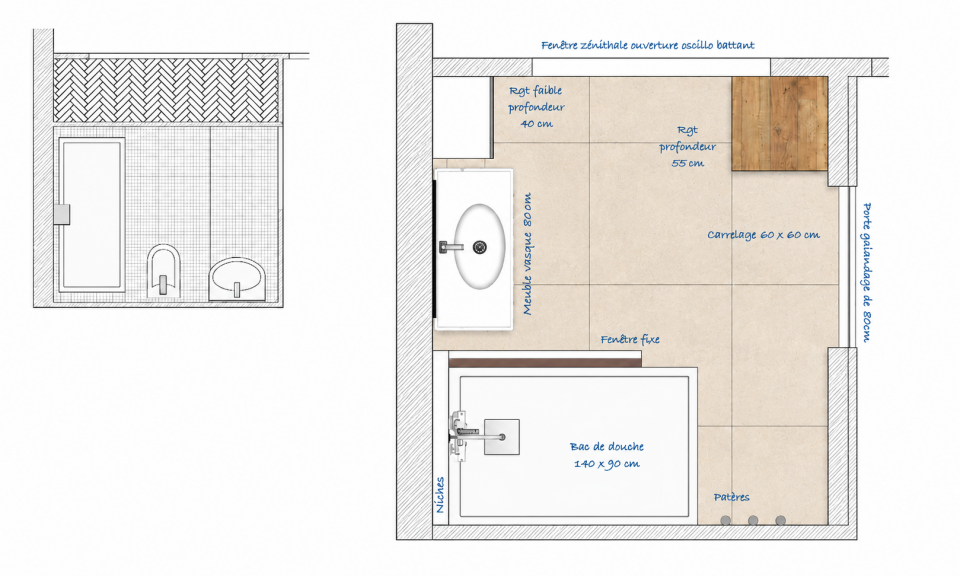 plan technique salle de bain 6m2 douche vasque rangements