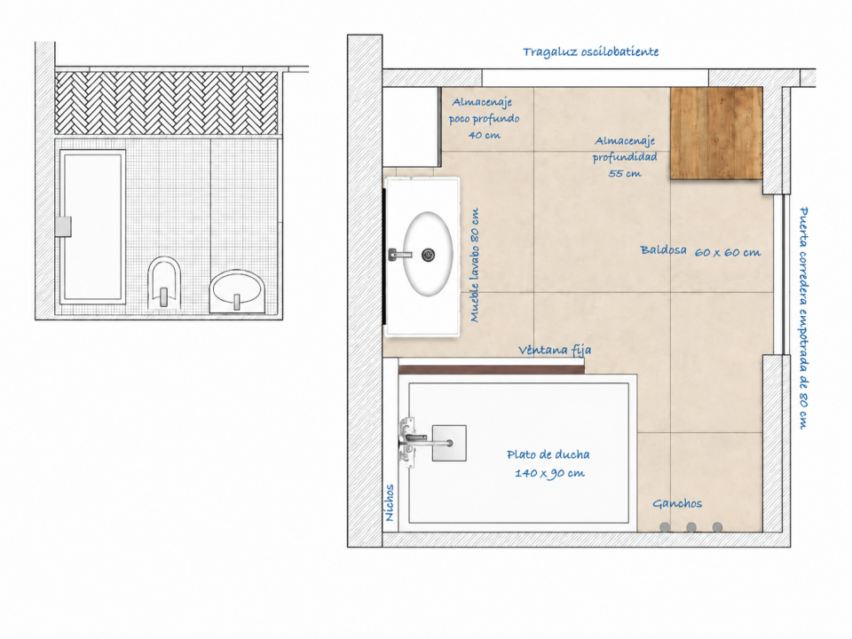 Plano técnico del baño de 6 m² con ducha, lavabo y almacenamiento, cotas en centímetros