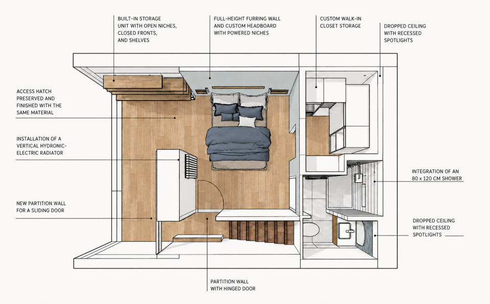 Floor plan overview of the 270 sq ft lower-level master suite showing bedroom, bathroom, walk-in closet, and home office zones