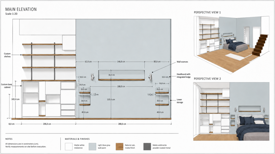 Elevation drawing of the master bedroom headboard wall with built-in niches and bookcase on arched openings