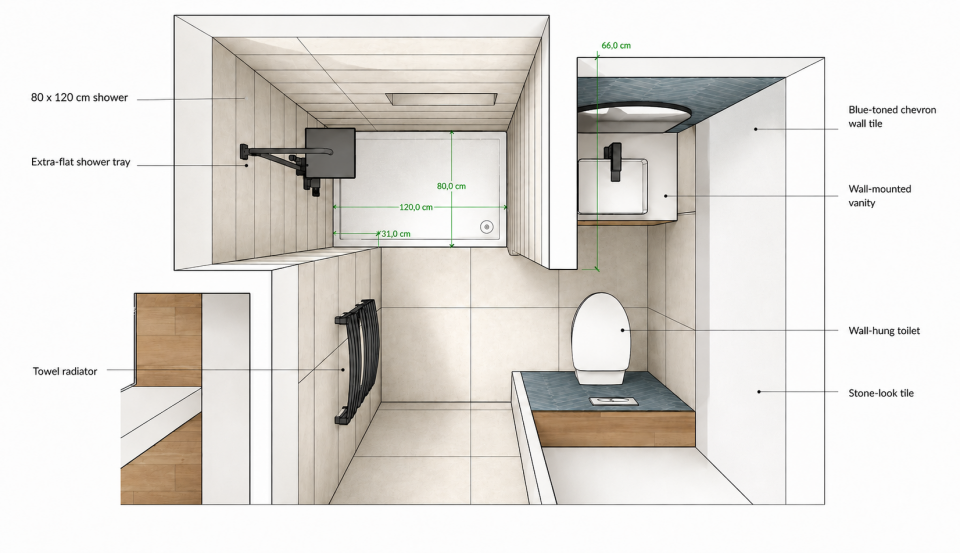 Technical section of the en-suite bathroom showing 47x31 in shower, 31 in vanity with drawers, and wall-mounted toilet behind half-partition