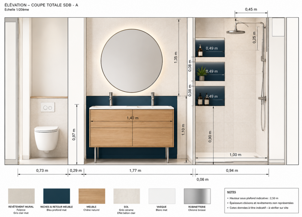 Plan état des lieux salle de bain 8,5 m² avant travaux avec baignoire, bidet et terrasse solarium
