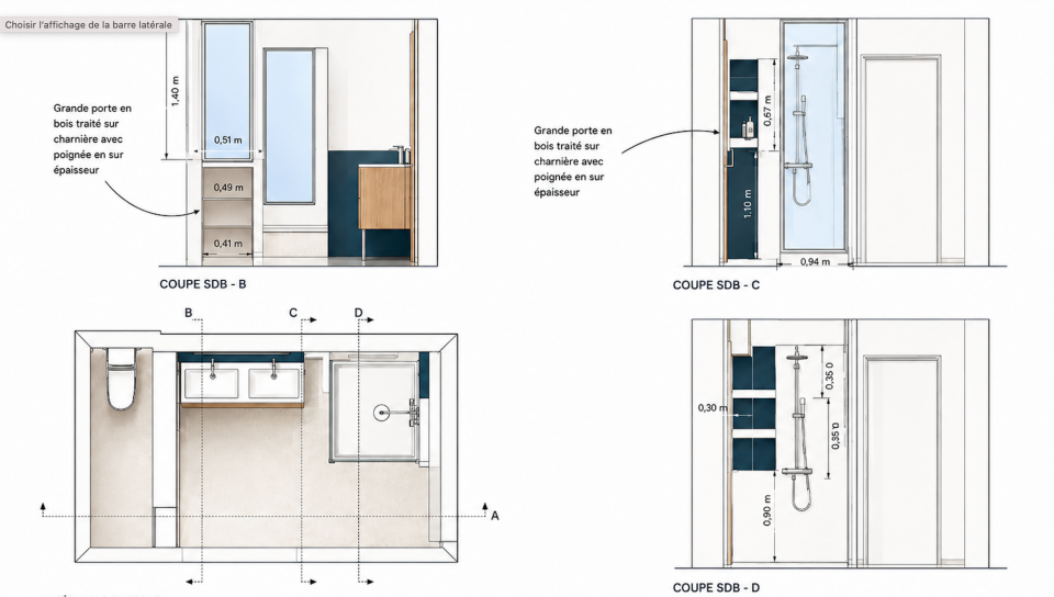 Plan aménagement salle de bain 8,5 m² avec WC à galandage, douche 100x100 vue mer et double vasque 140 cm